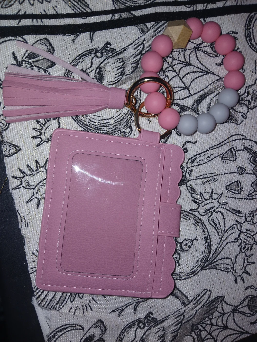 Pink Scalloped Cardholder Wallet with Beaded Keychain